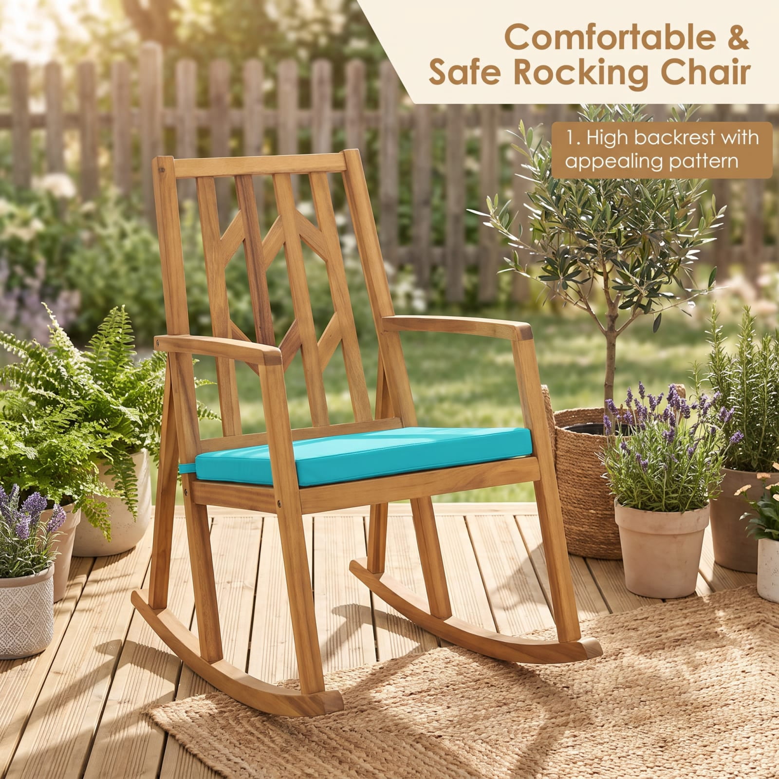 Furnibear Turquoise Outdoor Rocking Chair Acacia Wood for Porch Deck Balcony Holds 350 lbs Weather-Resistant Outdoor Furniture