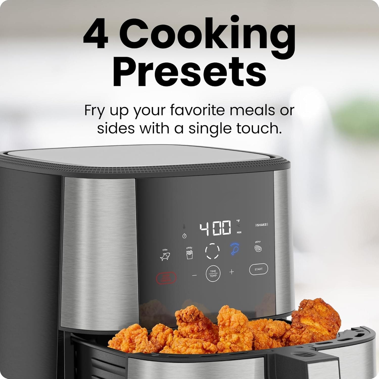 Air Fryer, Large 5-Quart Family Size, One Touch Digital Control Presets, French Fries, Chicken, Meat, Fish, Nonstick Dishwasher-Safe Parts, Automatic Shutoff, Stainless Steel