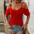 thumbnail image 3 of Top con hombros descubiertos para mujer, blusa holgada informal con estilo y tirantes finos, camisa de manga corta con volantes para citas, color rojo XL, 3 of 6