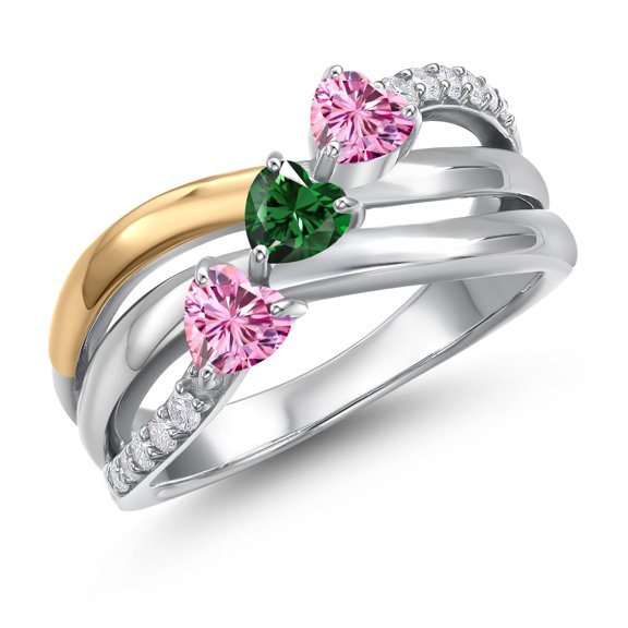 Gem Stone King 925 Silver and 10K Yellow Gold Pink Moissanite and Green Nano Emerald and Lab Grown Diamond Engagement Ring for Women | 0.99 Cttw | Heart Shape Gemstone Birthstone | Size 7