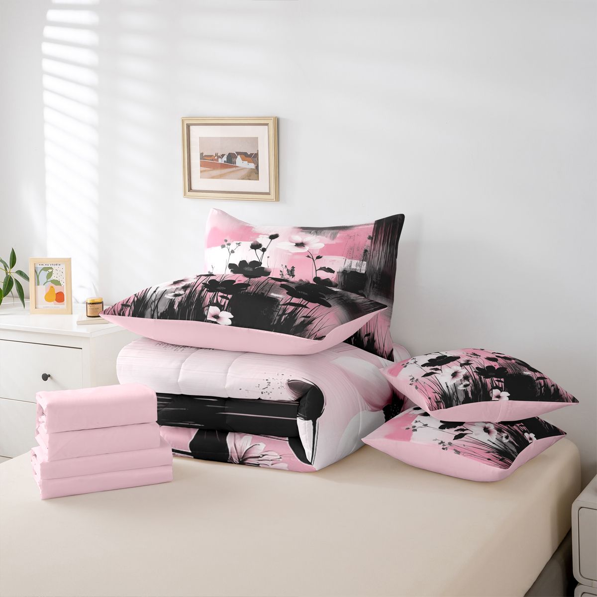 Homewish Black Pink Flowers 7-Piece Twin Bedding Sets For Teens Boys Girls,Abstract Watercolor Artwork Bedding Comforter Set,Retro Vintage Breathable Sheet Sets,Luxury Bedroom Decor,Reversible