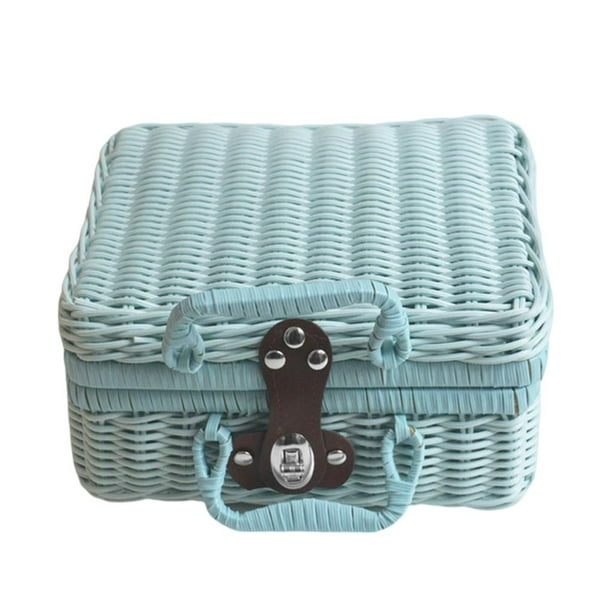 Maleta de mimbre tejida a mano, organizador de alimentos, caja de almacenamiento de imitación de ratán. Azul 26x16x10cm