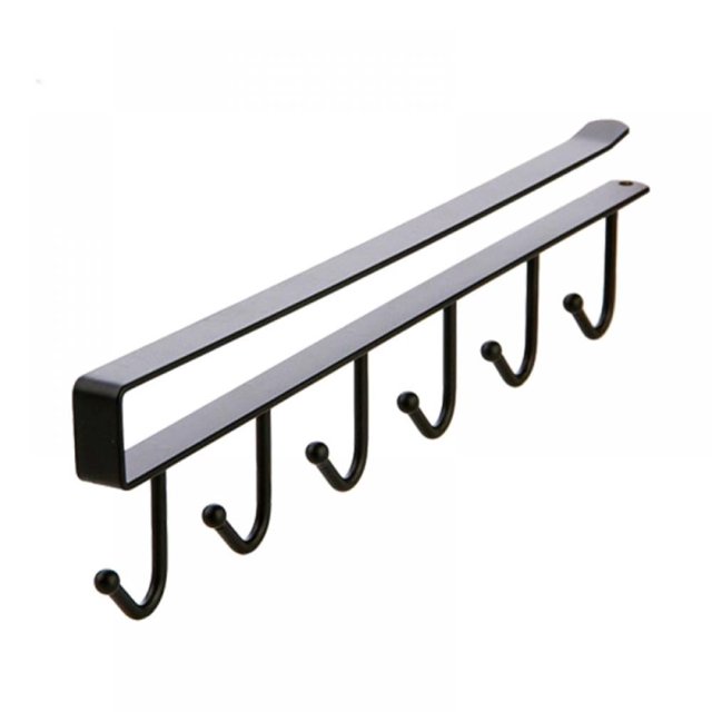 Colgador de tazas con 6 ganchos para debajo del gabinete, adhesivo sin taladros para cocina, color negro