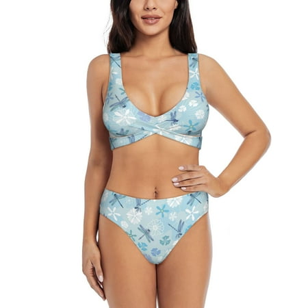 Bathing Suit For Women  Dragonfly Flower Light Blue High Waisted Bikini Set Bathing Suit Cross Lace Up Swimsuit
