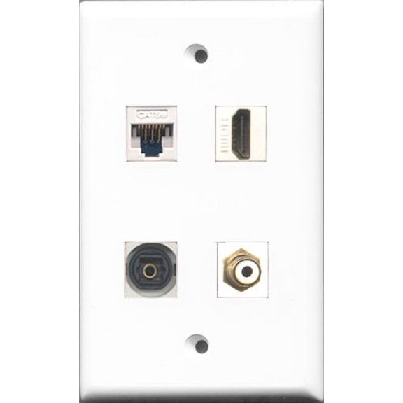 RiteAV 1 Port HDMI and 1 Port RCA White and 1 Port Toslink and 1 Port Cat5e Ethernet White Wall Plate