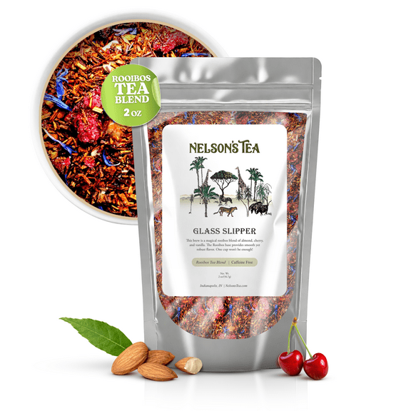 Nelson's Tea Glass Slipper - Caffeine Free Herbal Loose Leaf Tea, Curated Rooibos Blend with Almonds, Dried Cherries, Vanilla and Cornflowers - Perfect for Bedtime Brew (2 oz)
