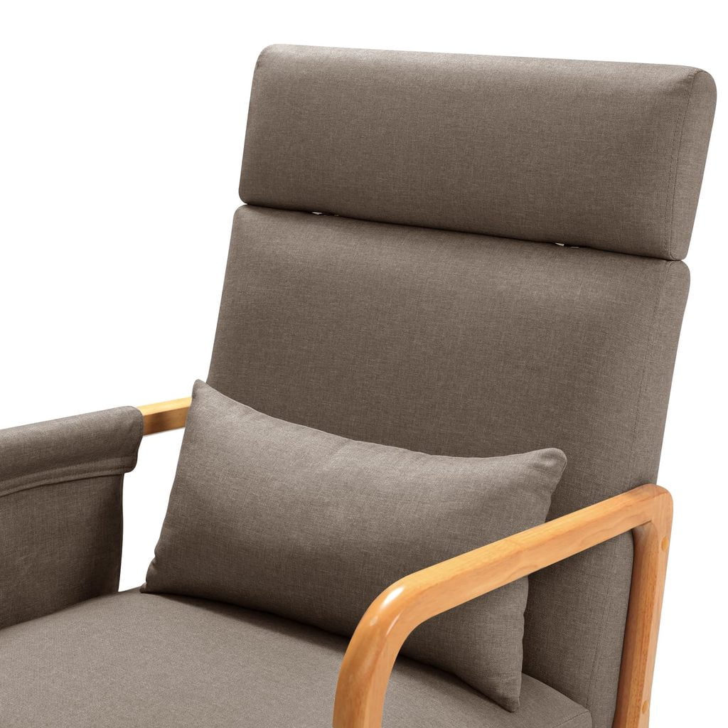 Solid Wood Rocking Chair, Nursery Upholstered Glider Rocker, Rocking Accent Chair with High Backrest, Pillow and Magazine Side Pocket for Living Room Bedroom Study(Set of 2, Brown)
