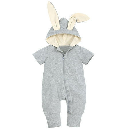 

Toddler Boys Girls Solid Color Zipper Hooded Rabbit Cartoon Bunny Rabbits Casual Romper Jumpsuit Playsuit Sunsuit Cute Fashion Child Clothes 18M