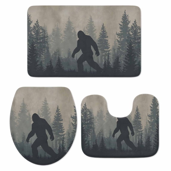Forest Bigfoot Bathroom Rugs Set Vintage Sasquatch Animal Silhouette Foggy Dark Forest Plant Non Slip Absorbent Bath Mats 3 Piece Set Bathroom Rug, U-Shaped Floor Mat, Toilet Seat Cover Large Size