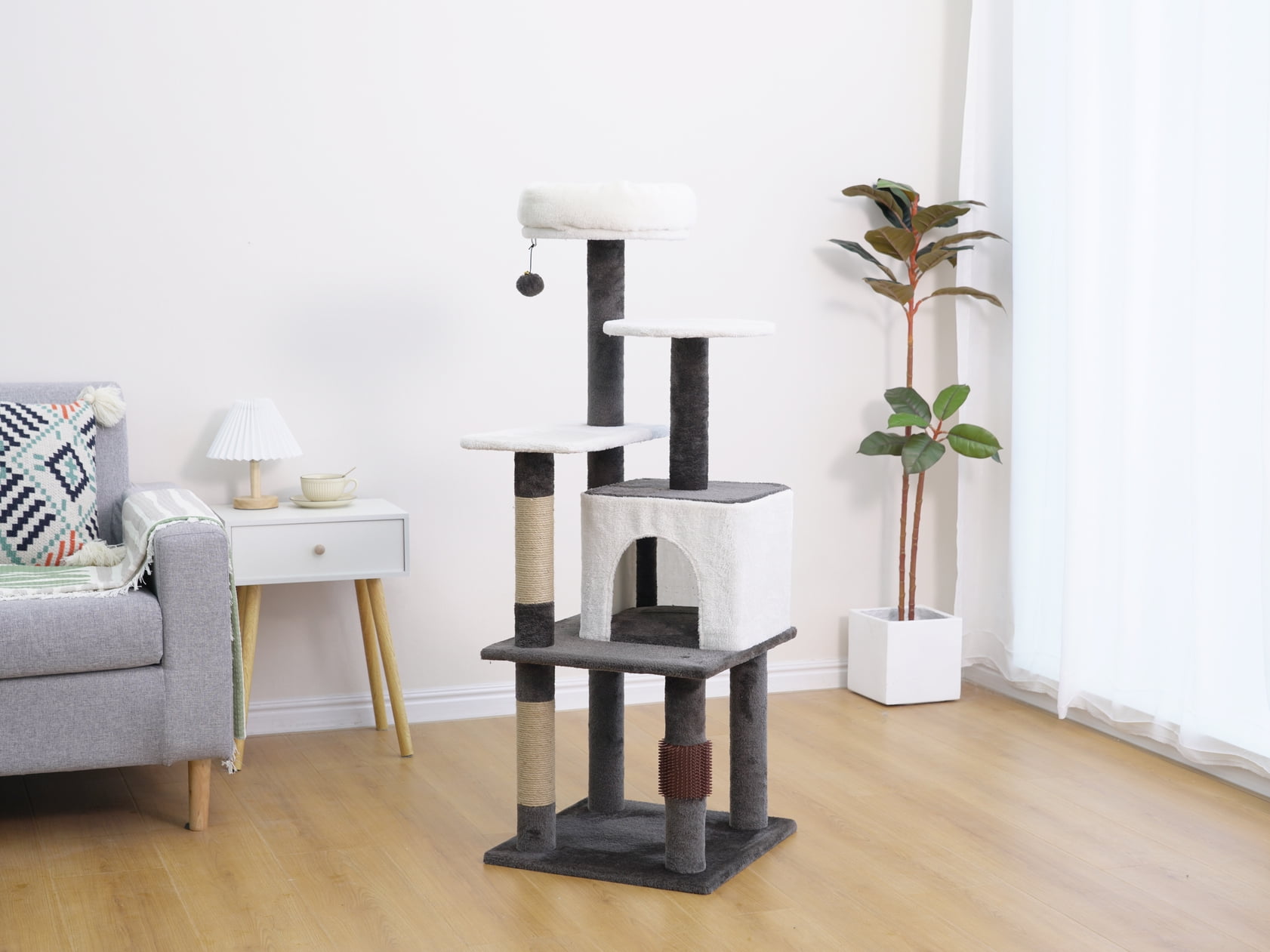 Vibrant Life 5-Level 49" Minimalist Cat Tree with Condo Perch Scratching Post, Brown and Beige