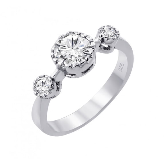 Rhodium Plated Sterling Silver 925 3 Round Clear CZ Ring Band White Jewelry Female Size 8