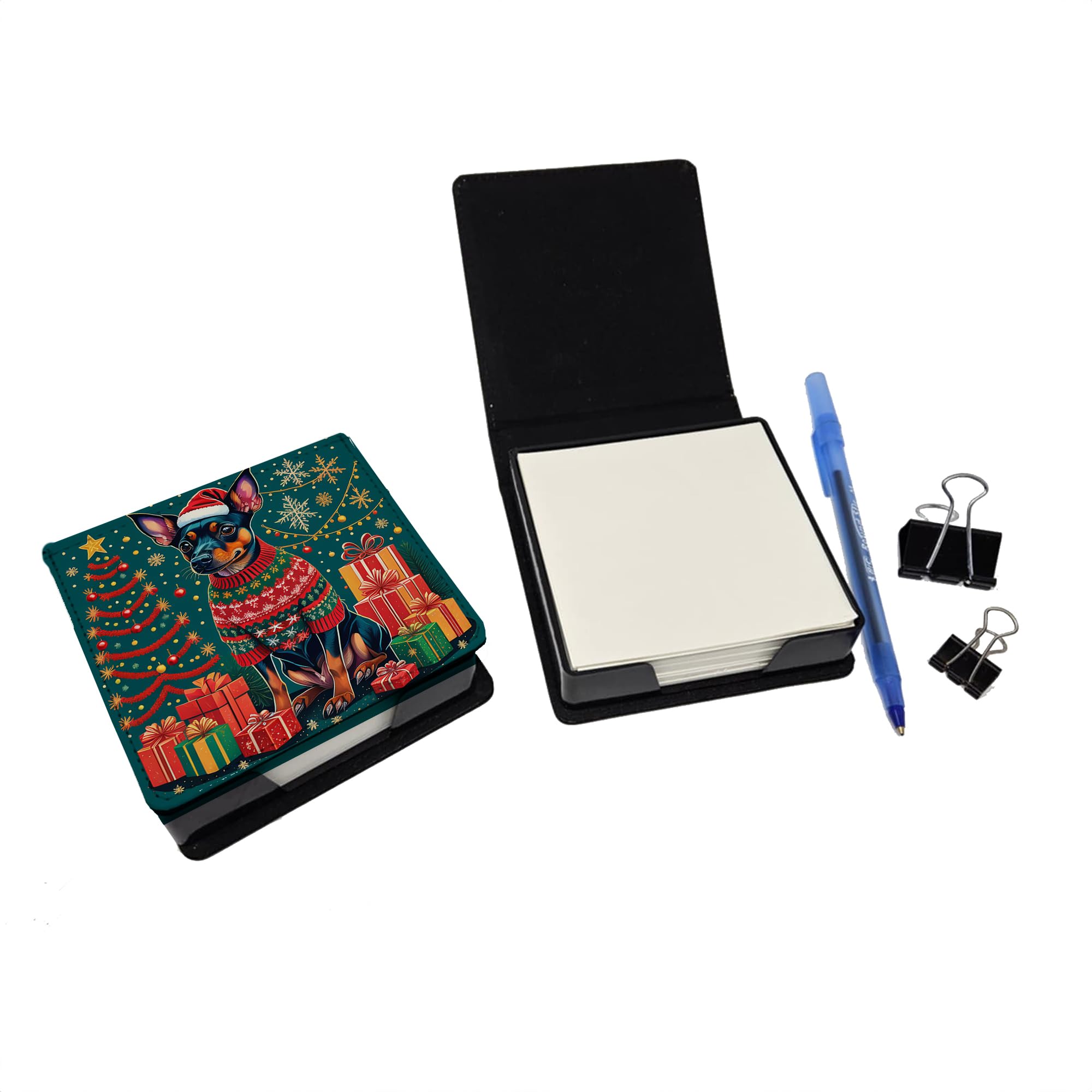 Caroline's Treasures Miniature Pinscher Christmas PU Leather Note Paper Holder with Artist-Designed Cover, Desk Accessory, Office Gift