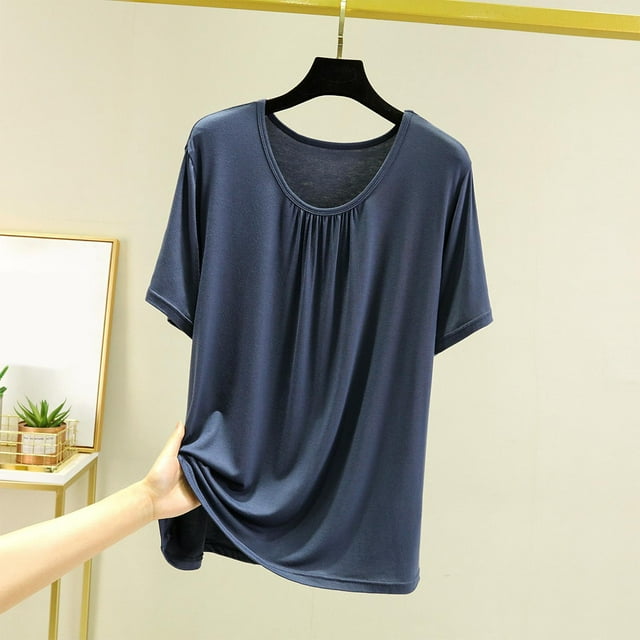 Bwomeauty T-Shirt de Dessous à Col Rond pour Femme, Manches Courtes, Plissé, T-Shirts Décontractés, Haut de Pyjama Uni, G
