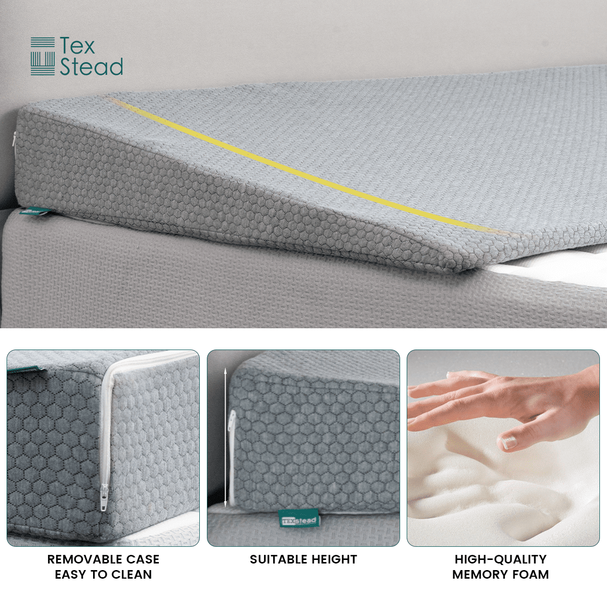 CHARRYARN By TexStead Mattress Riser Bed Wedge Pillow with Memory Foam Top, Wedge Mattress Elevator with Washable Cover,Twin, Grey, 5.5 Inch