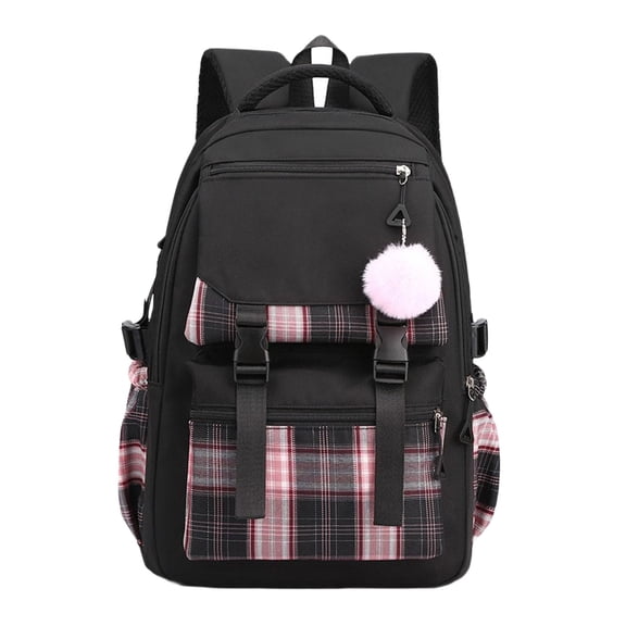 Plaid Patchwork Casual Backpack, College Style Student Rucksack, Water Resistant Daypack with Soft Pom Pom Charm for 14-16 Inch Laptop School Daily Use