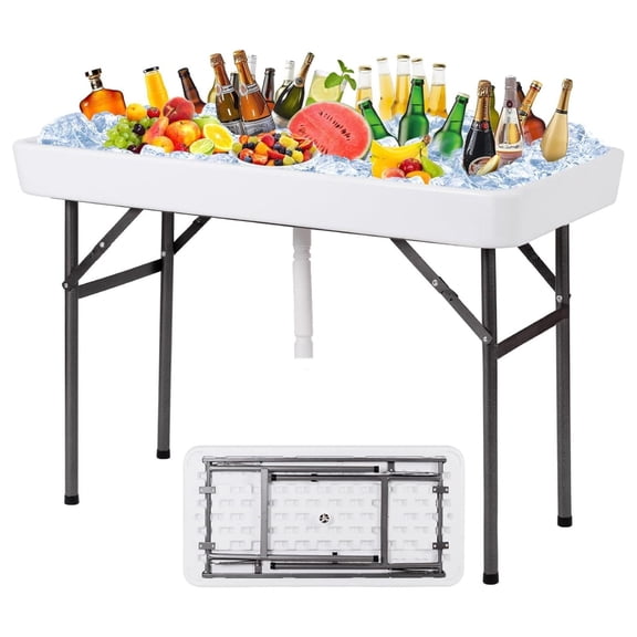 Folding Ice Cooler Table with Matching Skirt & Drain Hose, Foldable Beverage Cooler Buffet Cooler Server, Portable Chill Table for Party, Picnic, BBQ, Camping (White) 24 in x 47.5 in x 32.5 in