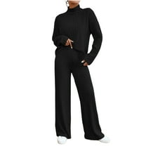 Lovskoo 2024 Women's 2 Piece Outfits Long Sleeve Turtleneck Knit Pullover Tops and Wide Leg Pant Lounge Set Black