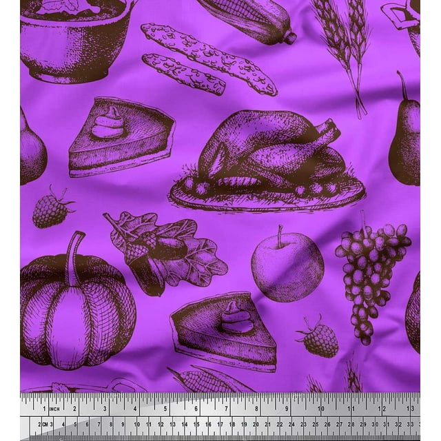 Soimoi polyester Crepe Fabric Fruits,Non Veg & Cake Slice Food Print Fabric by Yard 42 Inch Wide
