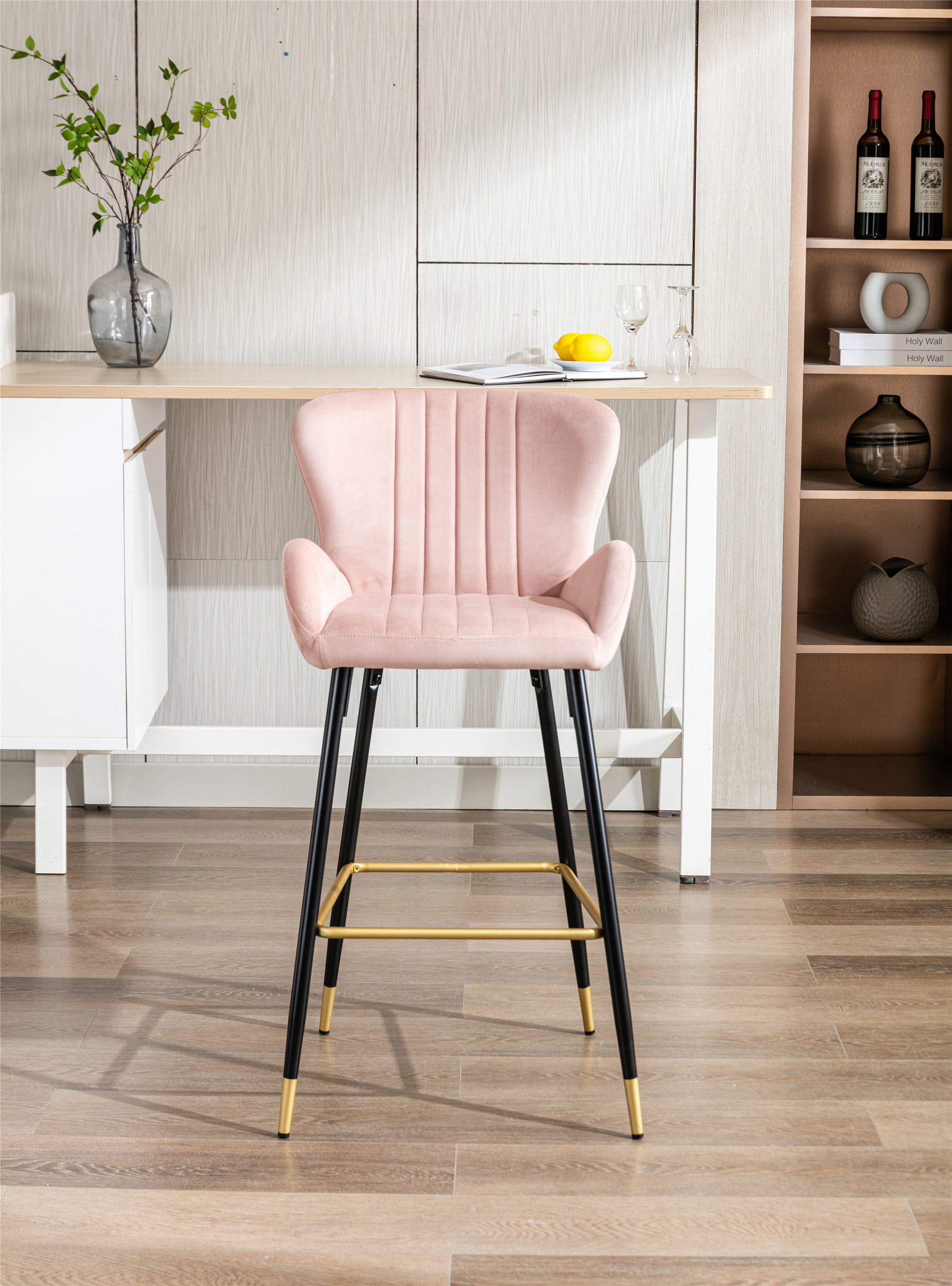 Resenkos Bar Stools Set of 2,Modern Velvet Breakfast Dining Chairs with Back and Footrest(Pink) Resenkos Bar Stools Set of 2,Modern Velvet Breakfast Dining Chairs with Back and Footrest(Pink)