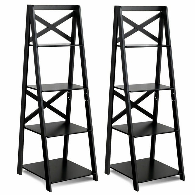 Giantex 2PCS Modern 4-Tier Ladder Shelf, Free Standing Wooden Bookcase, Organizer Shelf for Living Room Kitchen Office, Black