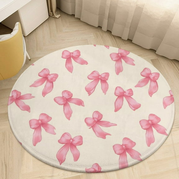 Pink Ribbon Bow Pattern Round Area Rugs for Bedroom Living Room, 4FT Soft Comfy Indoor Circle Carpets, Floor Mat