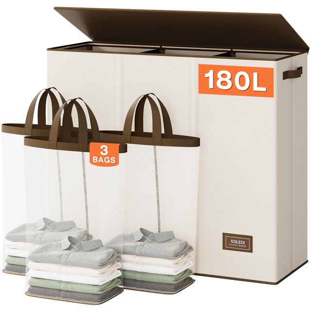 Cesto de ropa SOLEDI 180 L con tapa de 3 secciones extra grande