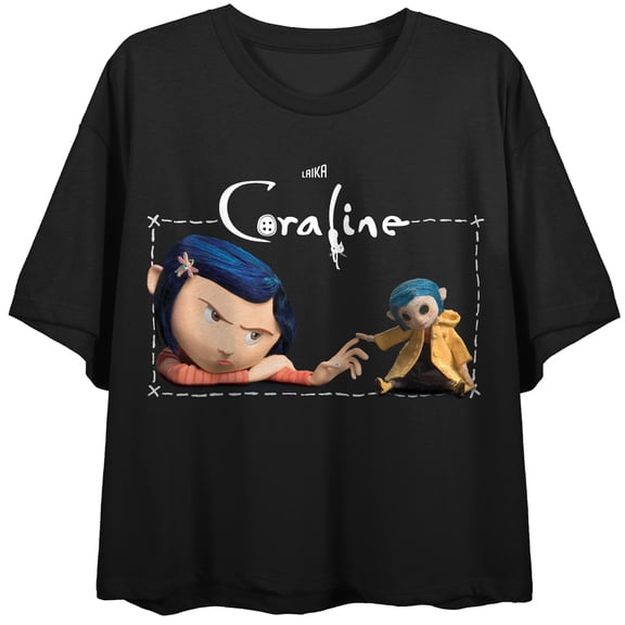 Coraline & Coraline Doll Women's Black Crew Neck Short Sleeve Crop Top-Medium