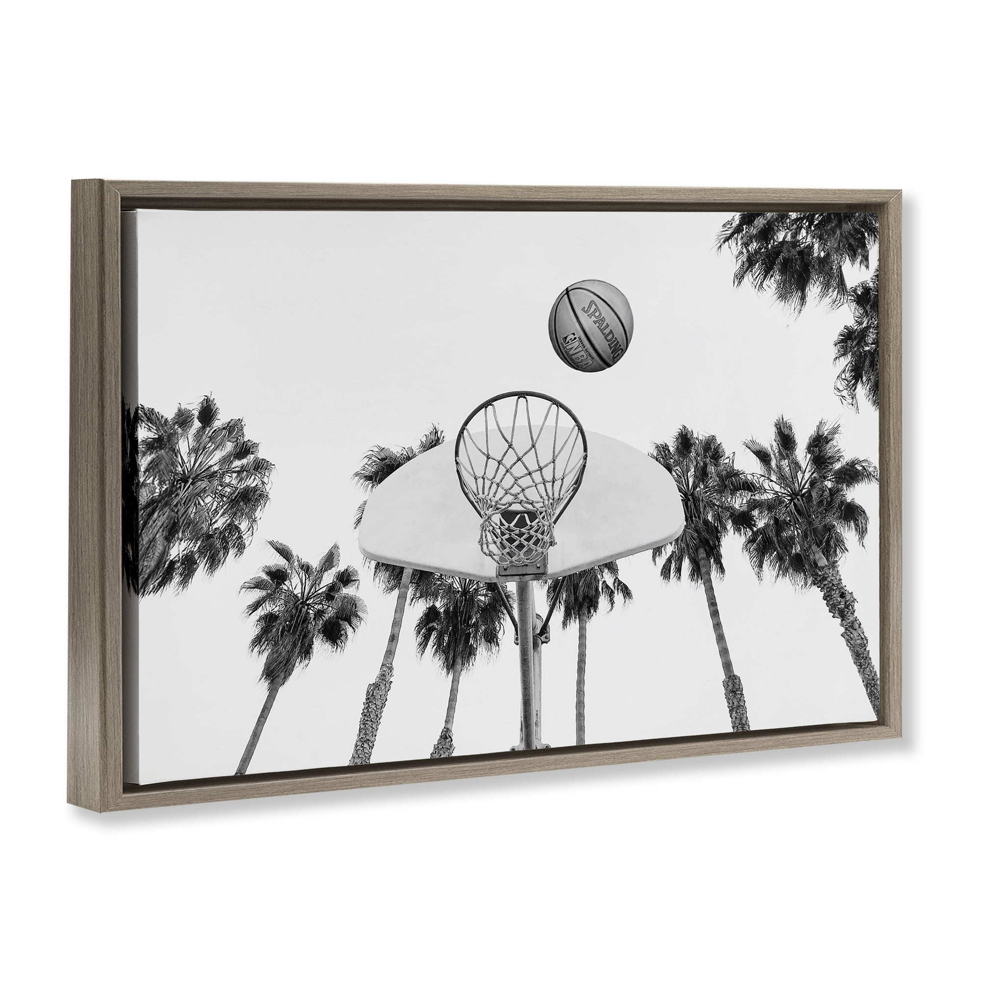 Stupell Industries Basketball Hoop with Palms Sports Painting Brown Floater Framed Canvas Art Print Wall Art, 25 x 17