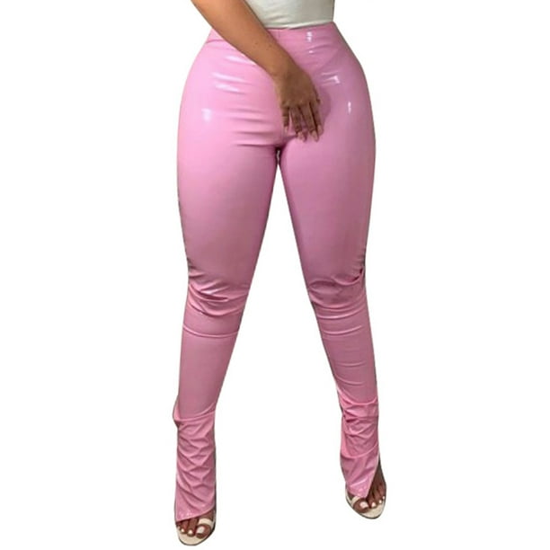 LUXUR Ladies Leggings Tummy Control Faux Leather Pants Side Slit Yoga Pant  Skin-friendly Trousers High Waist Pink S 