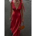 thumbnail image 4 of Red Satin Bow Strap Deep V-Neck Maxi Dress For Formal Events, Parties, Weddings, Galas, 4 of 8