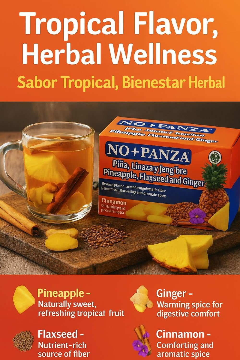 Herbal Tea by High Supreme – 2 Pack (30 Tea Bags Each) – Ginger, Pineapple, Cinnamon & Flaxseed – 100% Natural, Vegan, Caffeine-Free Infusion – Traditional Herbal Blend (Té de Jengibre, Piña, Canela