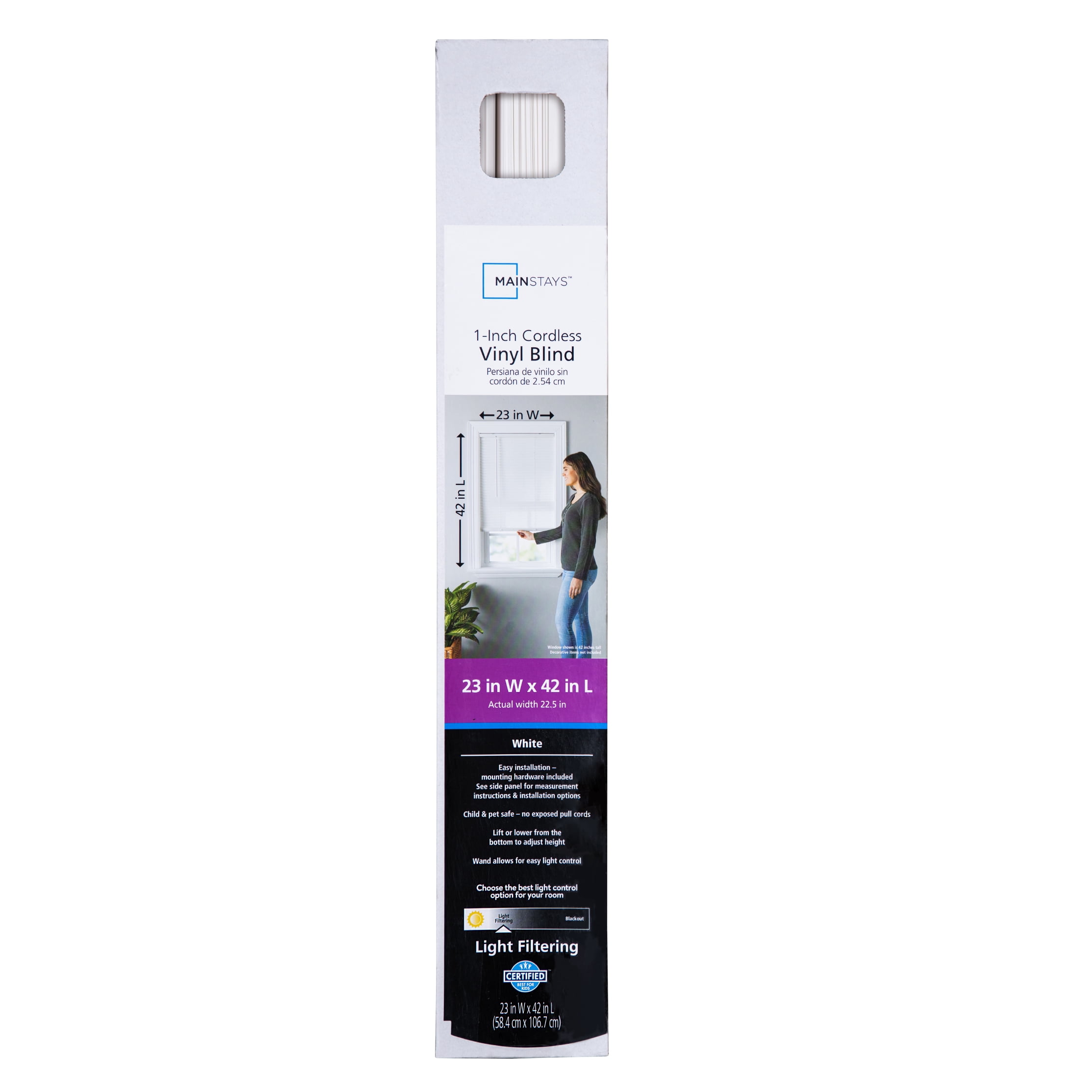 Mainstays Cordless 1 in Vinyl Light Filtering Blinds, White, 1-Piece, 36 in W x 64 in L