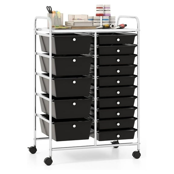 BOBOKY 15 Drawer Rolling Storage Cart Tools Scrapbook Paper Office School Organizer, Black