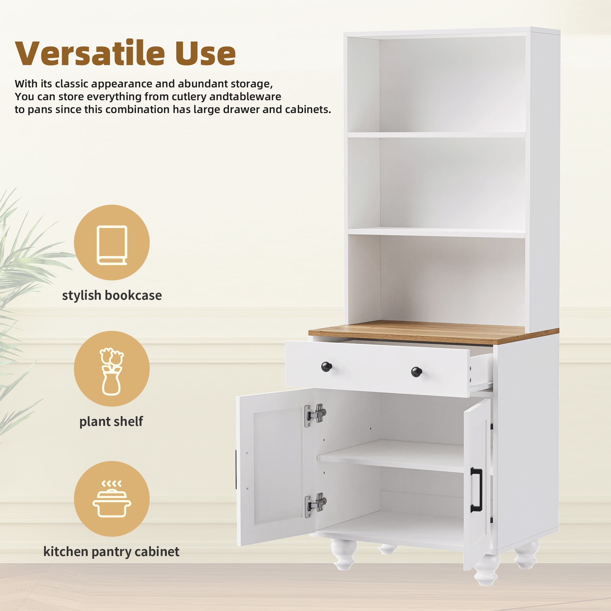 Euroco Farmhouse Tall Storage Cabinet with Drawer & Adjustable Shelves, Free-Standing Pantry Cabinet with Gourd Legs,Kitchen or Entryway,White