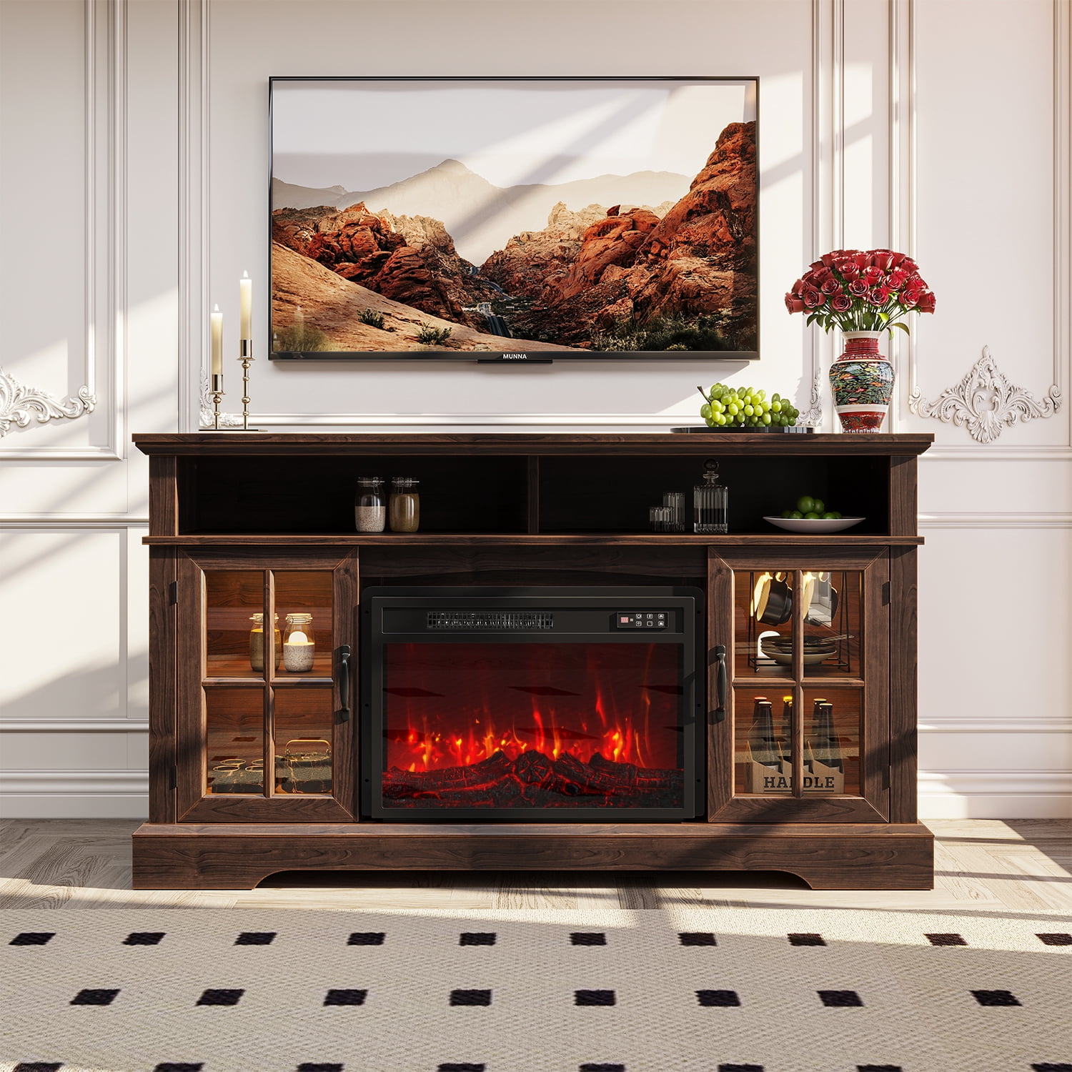 BaPiPro 58" Fireplace TV Stand with 23" Electric Fireplace for TVs up to 70", Media Entertainment Center Console Table, Rustic Brown