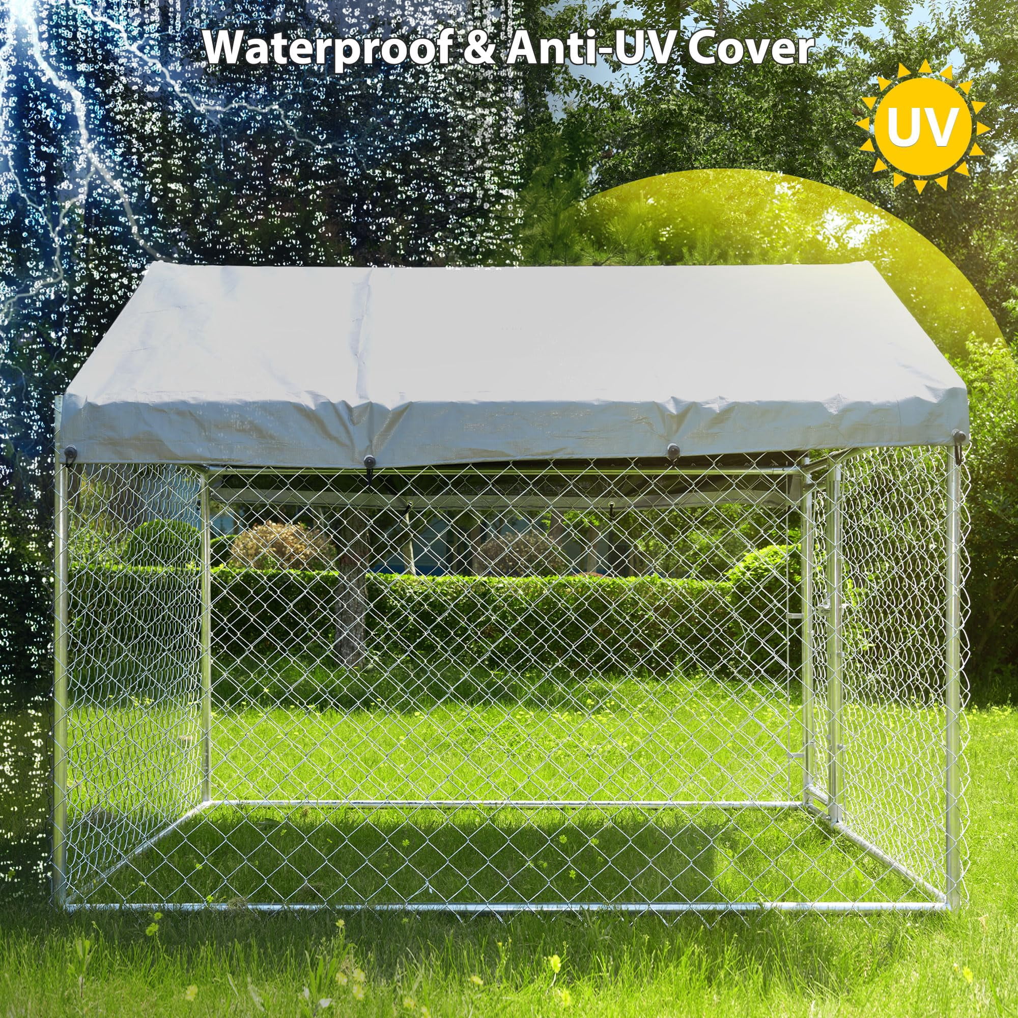 Large Dog Playpen Outdoor Heavy Duty Chain Link Metal Kennel Exercise Pen with Lockable Door Waterproof Canopy for Medium Large Dogs Silver