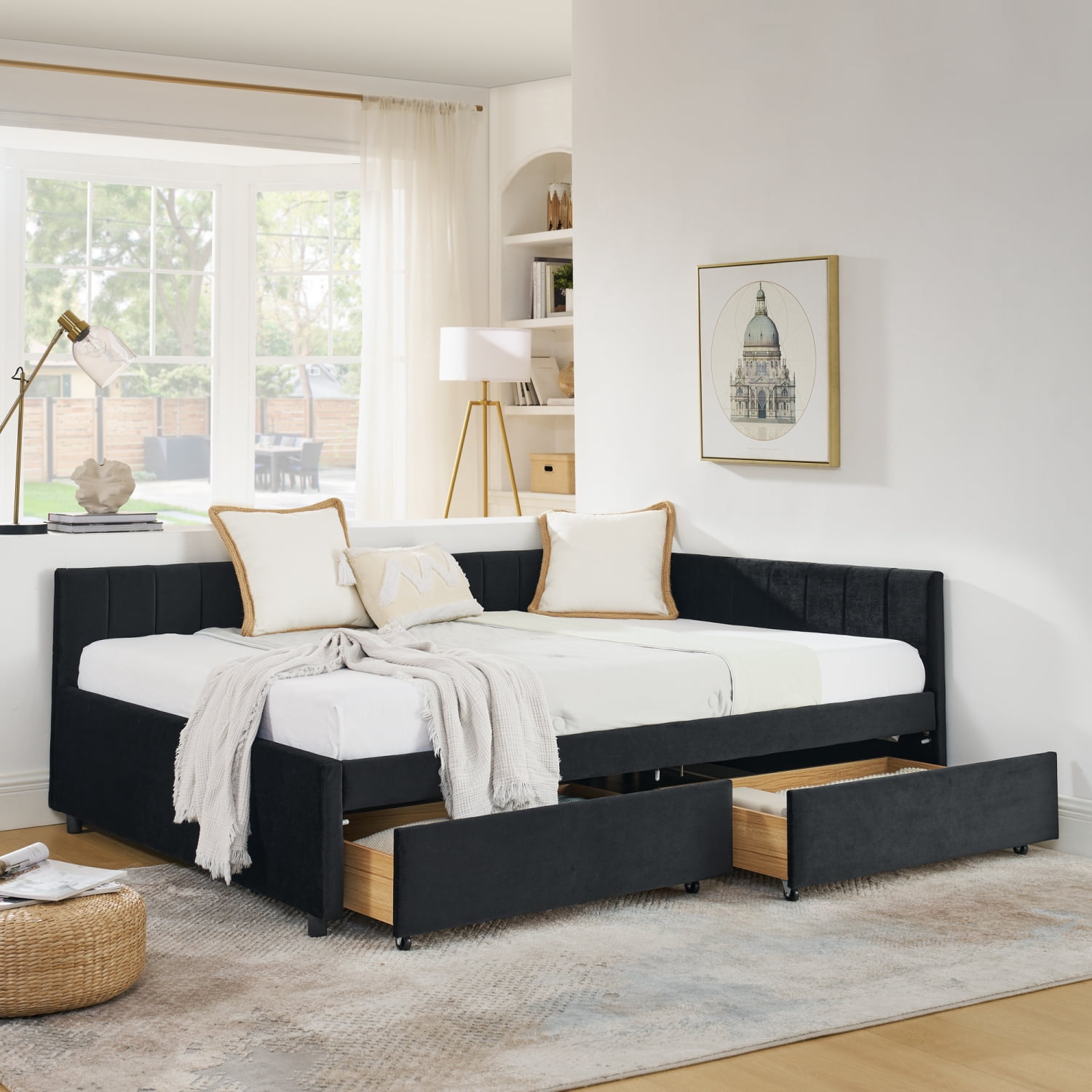 Leumius Full Size Corner Bed Frame with Storage Drawers,Modern Daybed with Velvet Upholstered Guardrail and L-Shaped Headboard for Living Room Guest Room,Black