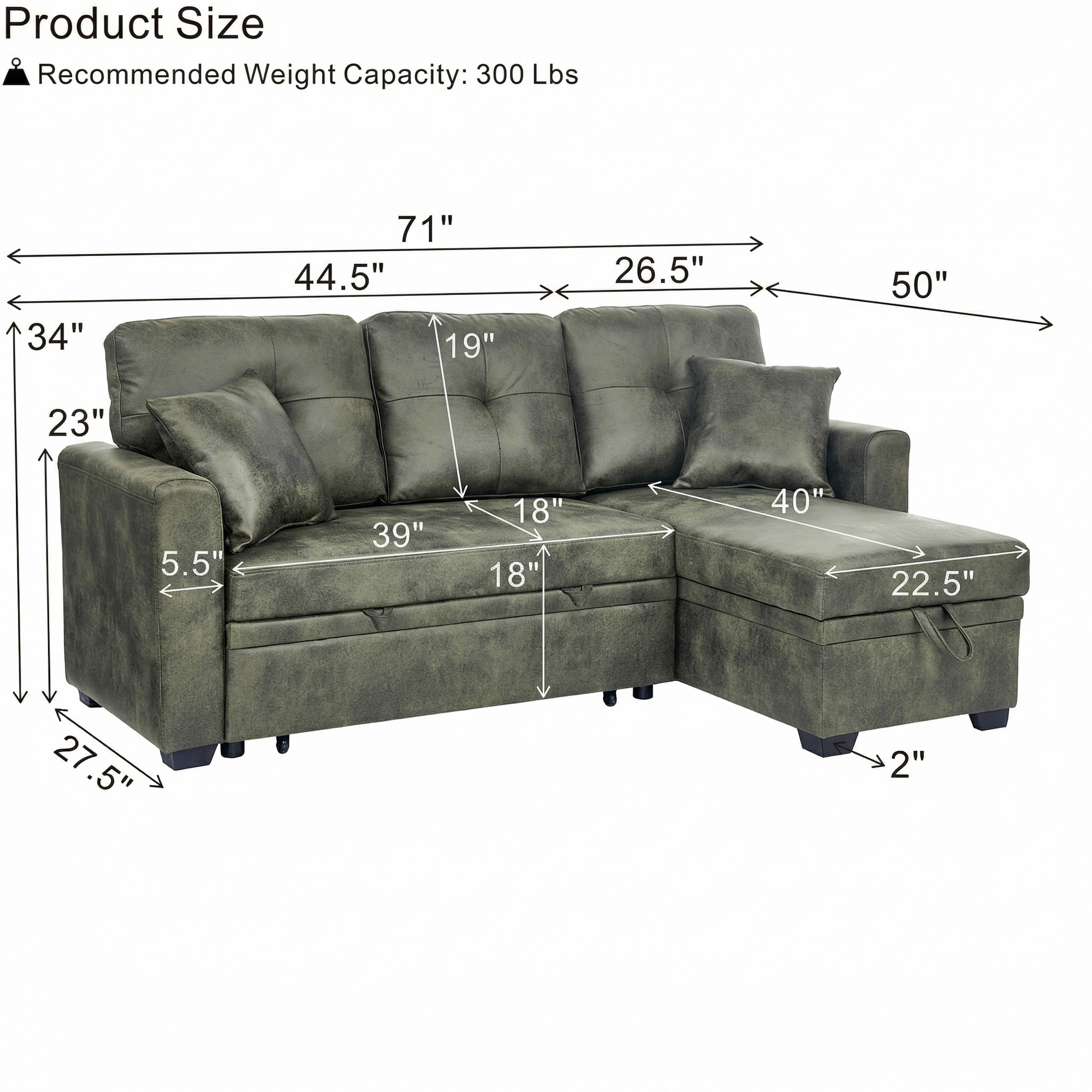 MAYEERTY 71" Breathable Fabric Sleeper Sectional Sofa, L-Shaped Convertible Pull-Out Sofa Bed with Reversible Chaise & Hidden Storage, Multi-Functional