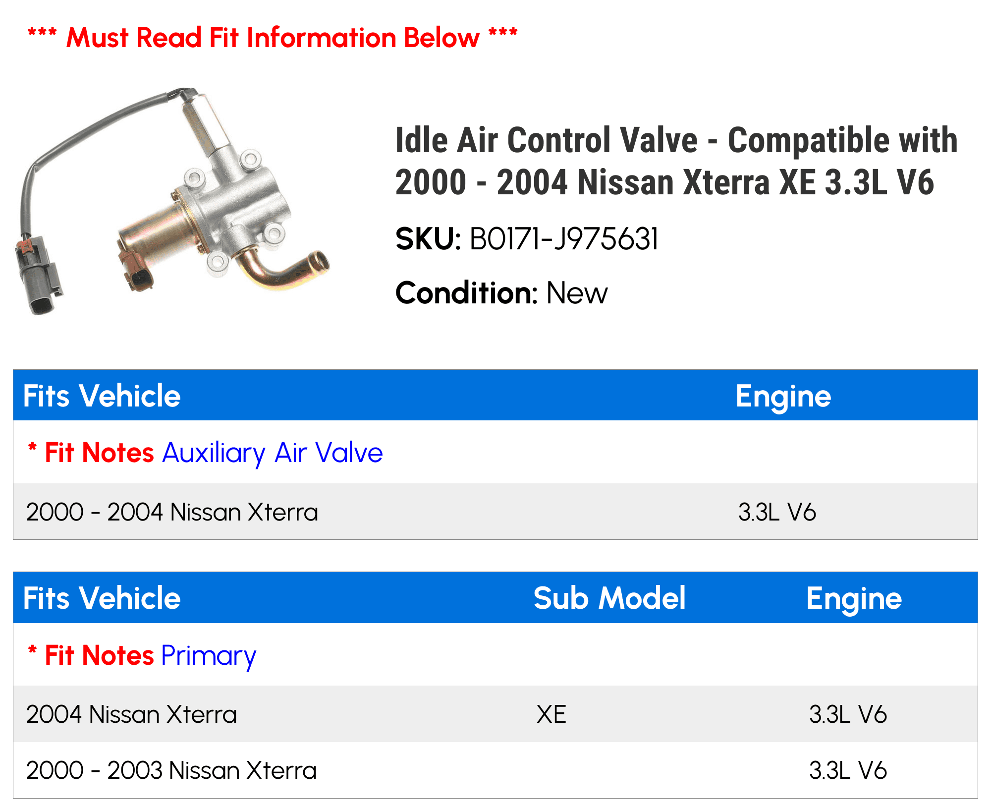Idle Air Control Valve - Compatible with 2000 - 2004 Nissan Xterra XE 3.3L V6 2001 2002 2003