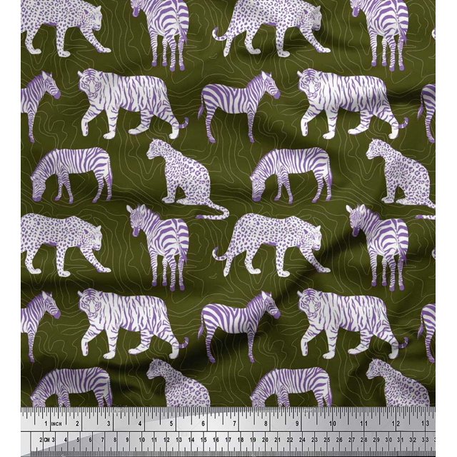 Soimoi Green Poly Georgette Fabric Tiger,Leopard & Wild Animal Print Sewing Fabric BTY 52 Inch Wide
