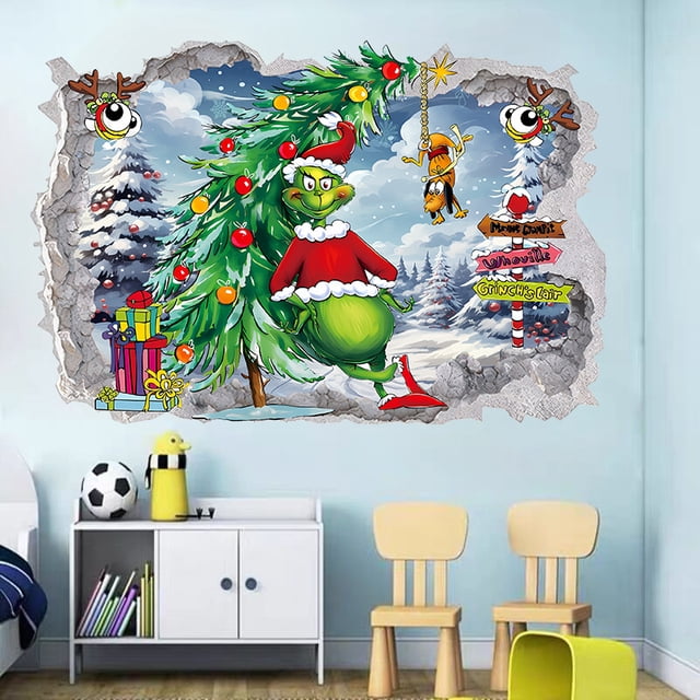 Adhesivo de pared Grinch Christmas 3D de PVC para decoración navideña