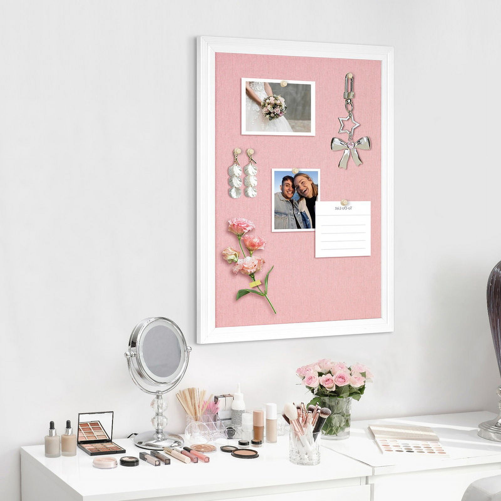 Pink Bulletin Board Pink Cork Board with Linen, Wood Framed 18"x 24" Corkboard Bulletin Board for Wall Decor, Wall Mounted Pin Board Picture Board, White Wood Frame