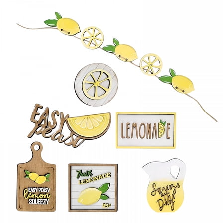 LAMIRO 7Pcs Lemon Tiered Tray Decor Lemon Banner Lemon Kitchen Decor Signs Wood Standing Sign Wooden Block Farmhouse Table Centerpiece Lemon Themed Home Lemon Kitchen Decor