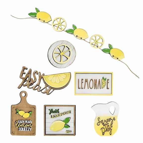 XIBUFE 2026 New 7Pcs Lemon Tiered Tray Decor Lemon Banner Lemon Kitchen Decor Signs Wood Standing Sign Wooden Block Farmhouse Table Centerpiece Lemon Themed Home