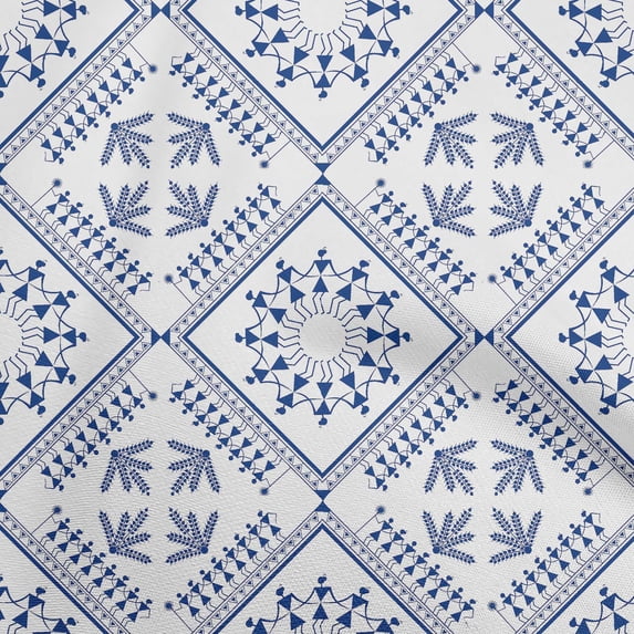 oneOoneCottonSilkTealBlueFabricAsianFloralBlockFabricForSewingPrintedCraftFabricByTheYard42InchWide