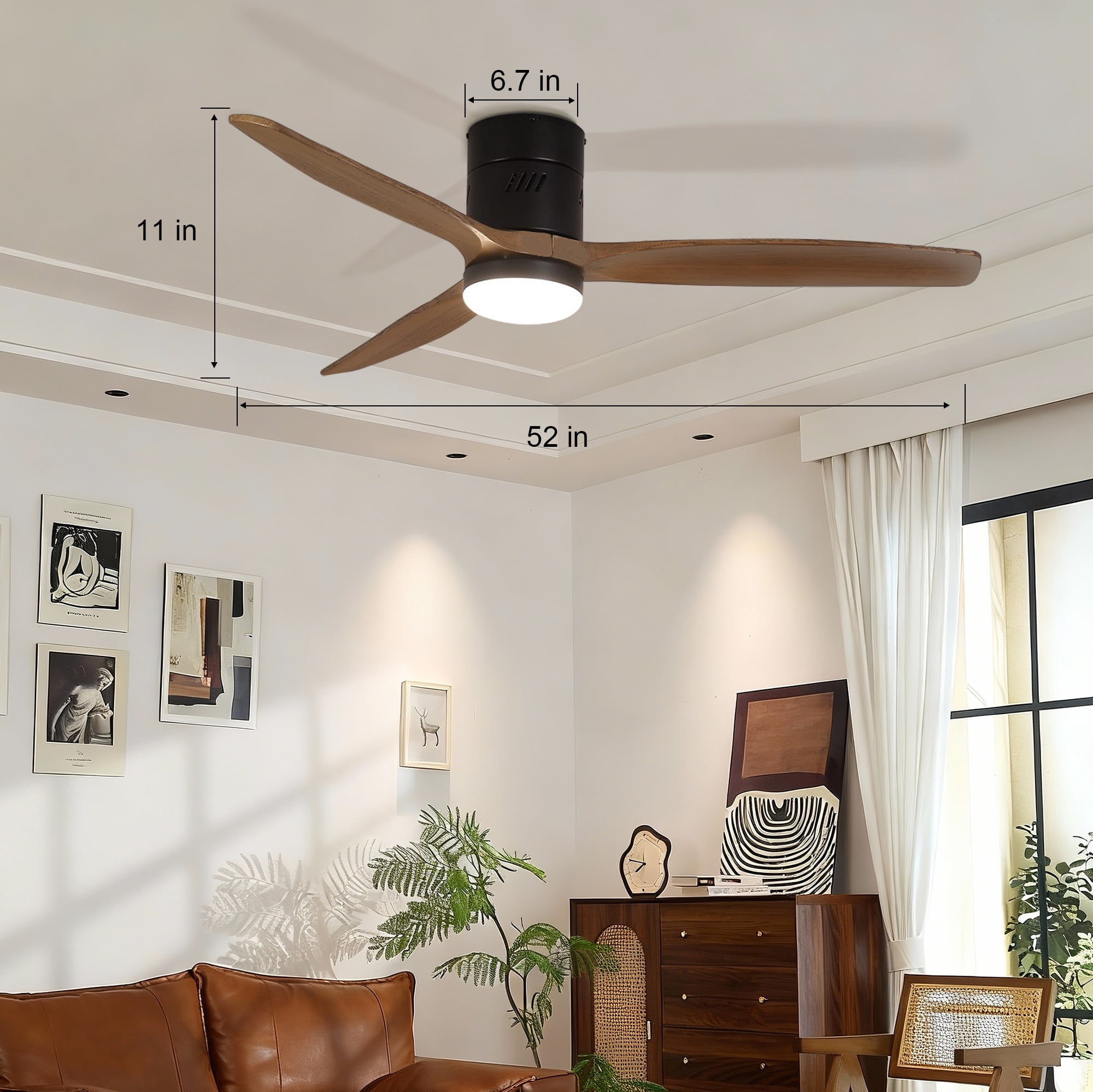 Taimei Ryme 52 in. Black Light Oak Flush Mount Ceiling Fan with Light and Remote, DC Motor, Reversible