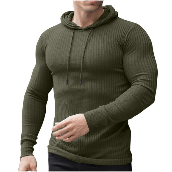 fartey Men Ribbed Muscle Hoodies Stretch Long Sleeve Hooded Sweatshirt Lightweight Casual Solid Color Pullover Shirts with Drawstring, M-3XL