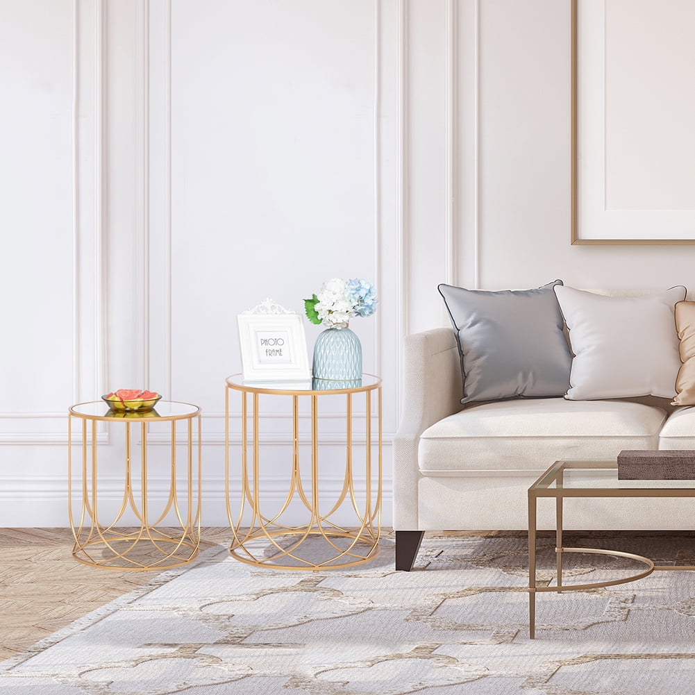 Private Jungle 2 PCS FCH End Table Side Table Glass Top Metal Frame Geo Eyelet Pattern Accent Table Golden Private Jungle 2 PCS FCH End Table Side Table Glass Top Metal Frame Geo Eyelet Pattern Accent Table Golden