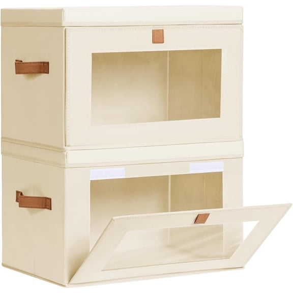 Large Closet Storage Organizer - Clothes Storage Bins with Handles & Window, Collapsible Decorative Boxes with Lids, Fabric Containers for Living Room, Dorm, 2 Pack, Beige