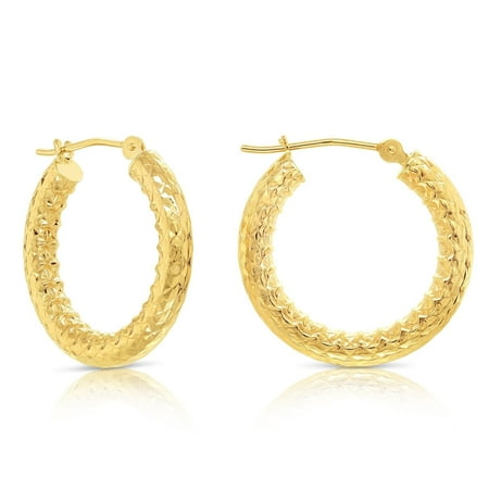 Tilo Jewelry 14K Yellow Gold Hoops with Engraving Design | Everyday Hoop Earrings for Women & Unisex| 20mm - 0.8 Inch